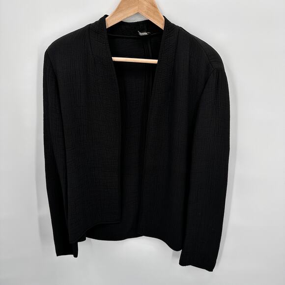 EILEEN FISHER Black Textured Silk Blend Open Cardigan Blazer Jacket // M - Picture 6 of 9